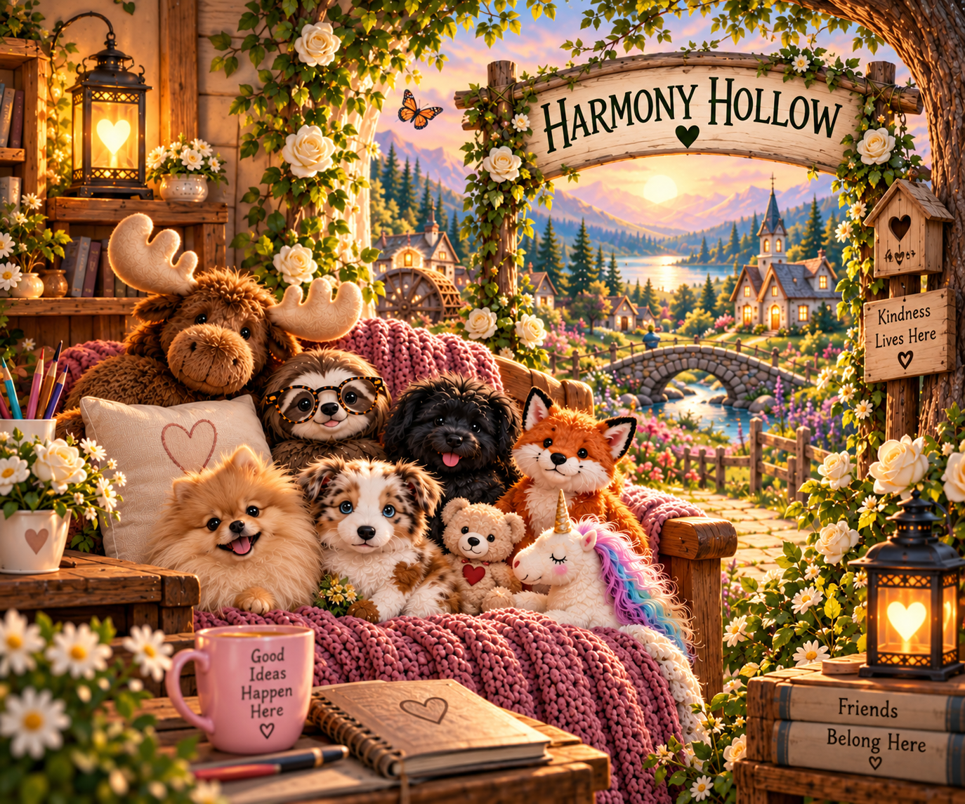 Harmony Hollow friends gathered together in a cozy woodland setting filled with flowers, friendship, and kindness.