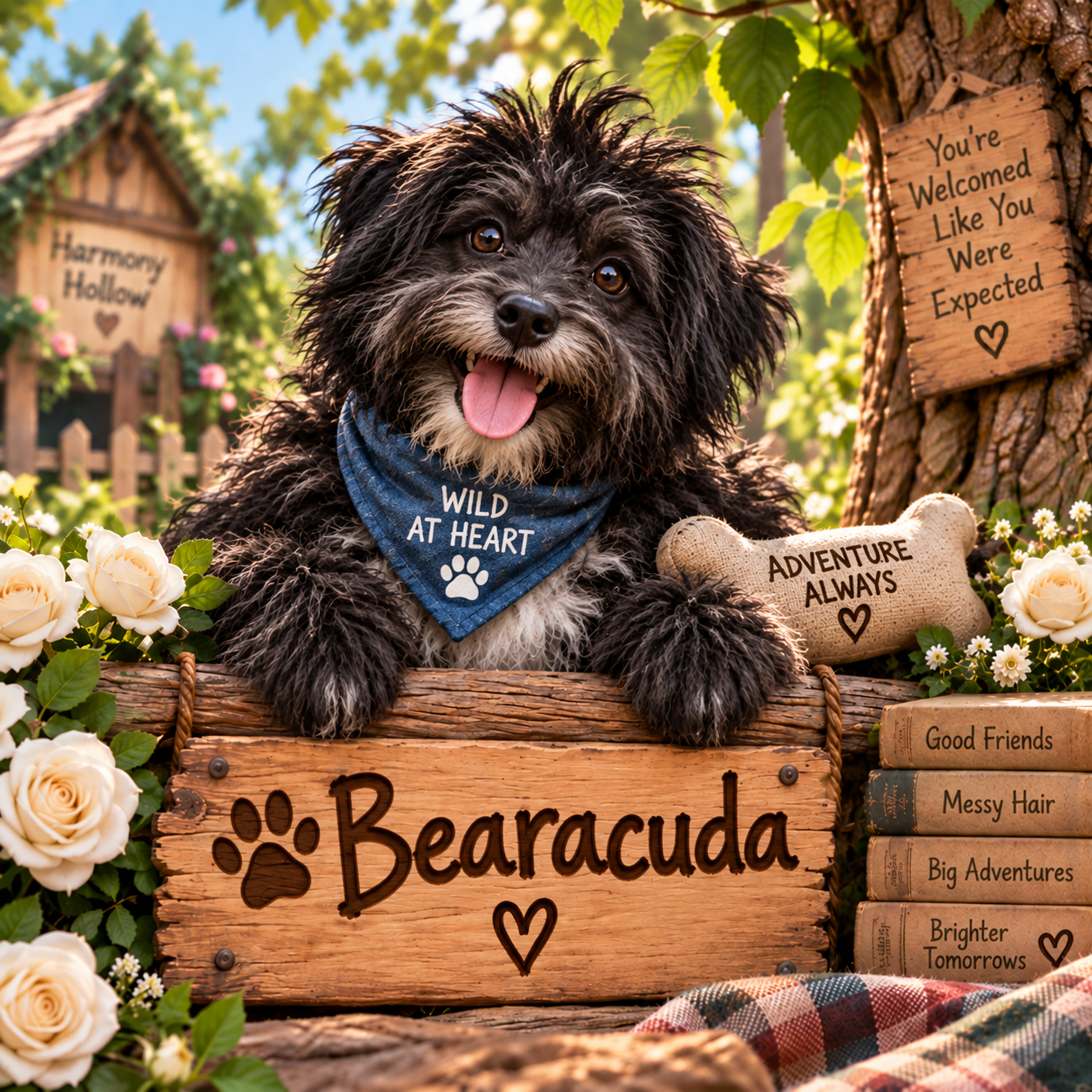 Bearacuda, a wild and playful black Pomapoo wearing a blue bandana in the Harmony Hollow garden