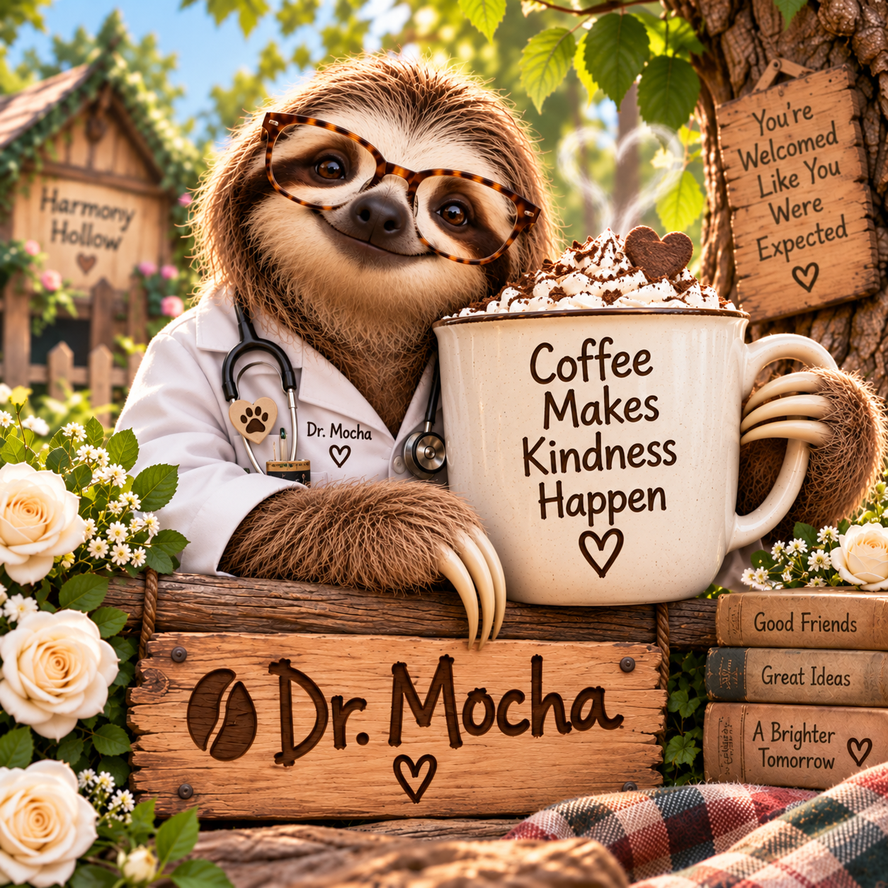 Dr. Mocha, a sloth in tortoiseshell glasses and a white lab coat holding an oversized coffee mug in Harmony Hollow