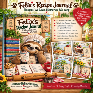 Felix’s Recipe Journal full-color printable recipe and family memory journal by Harmony Hollow Designs
