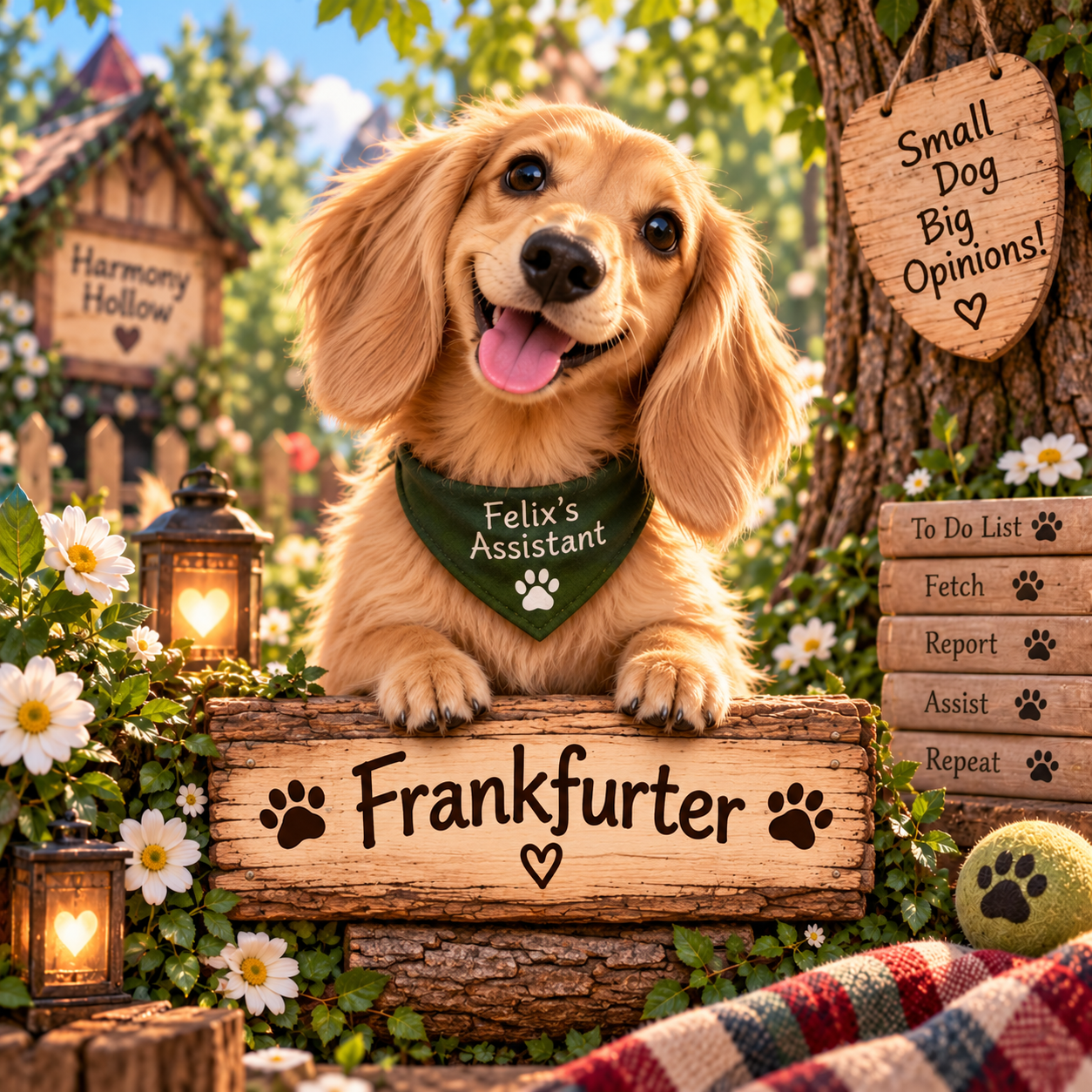 Frankfurter, a young blond dachshund and Felix's loyal, talkative assistant in Harmony Hollow.