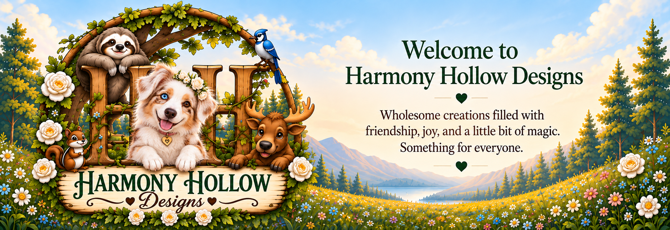 Harmony Hollow Designs woodland banner featuring NoL, Felix, Moose, flowers, mountains, and the Harmony Hollow welcome message