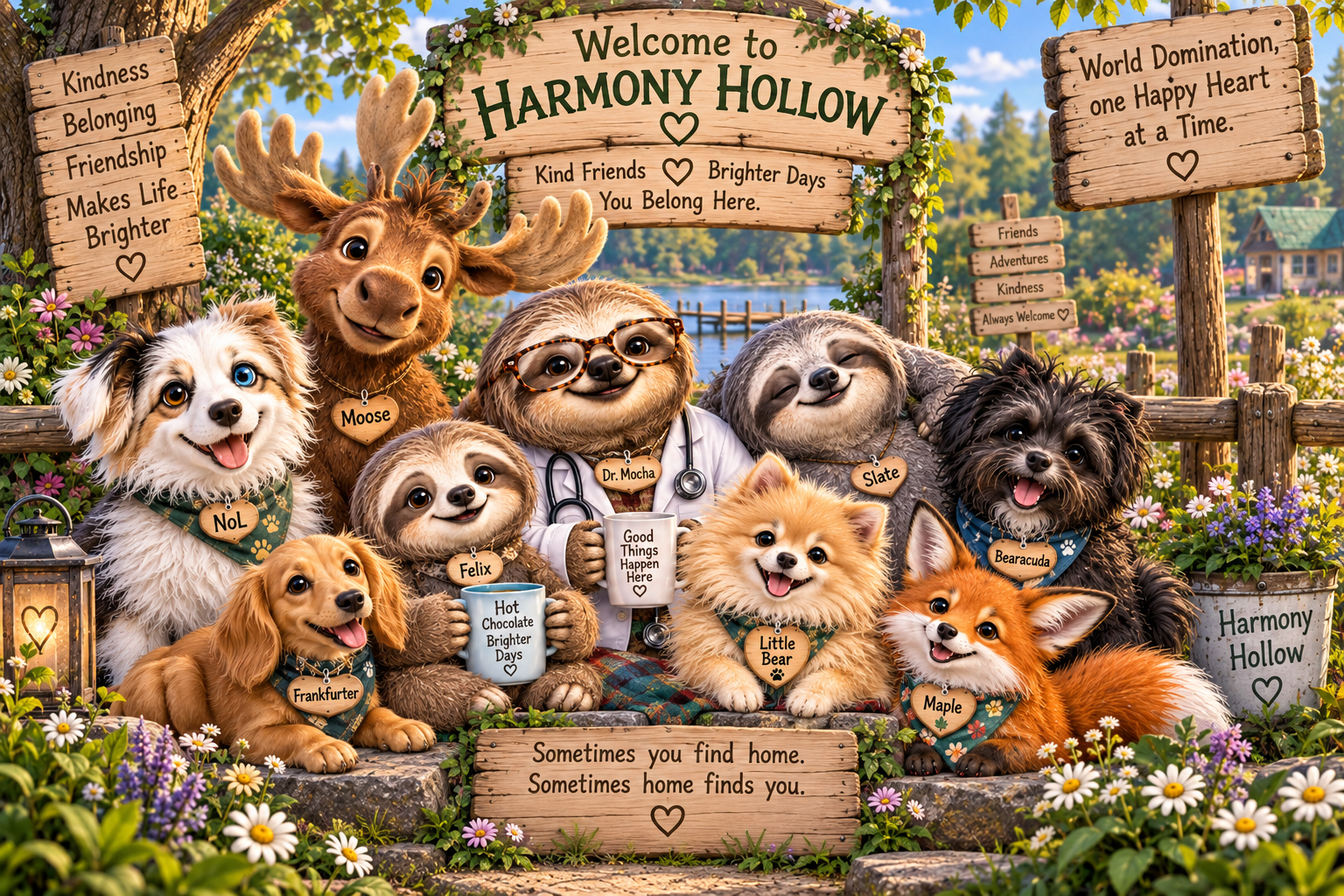 Harmony Hollow family portrait featuring NoL, Moose, Dr. Mocha, Felix, Slate, Bearacuda, Little Bear, Maple, and Frankfurter gathered together in Harmony Hollow
