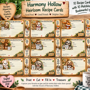 Harmony Hollow Heirloom Recipe Cards with matching printable bookmarks