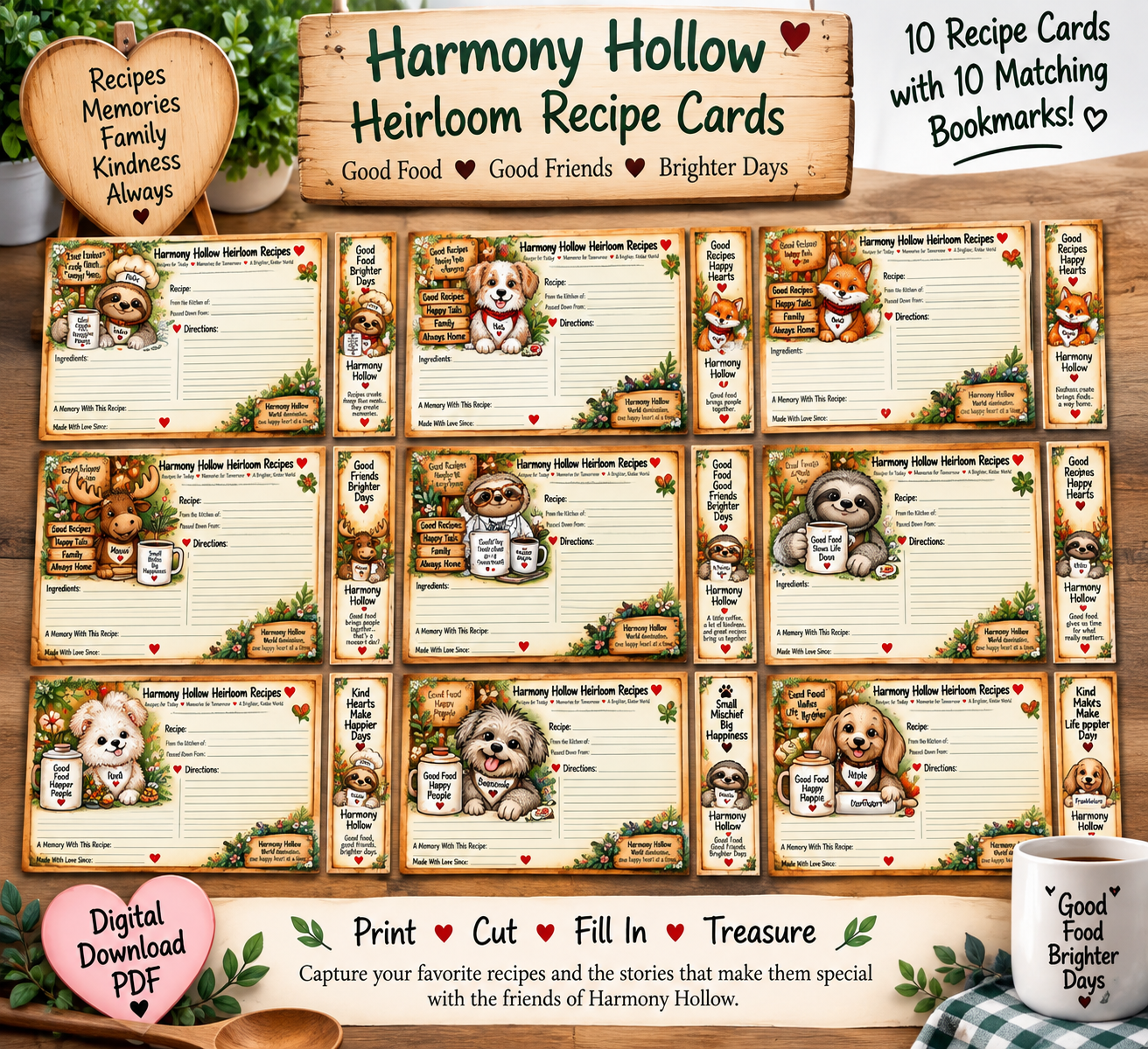 Harmony Hollow Heirloom Recipe Cards with matching printable bookmarks