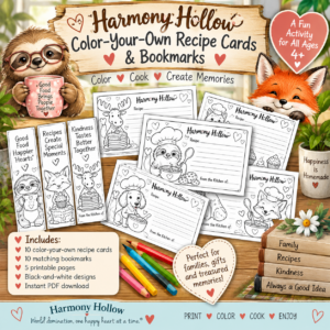 Harmony Hollow color-your-own recipe cards and matching printable bookmarks for ages 4+