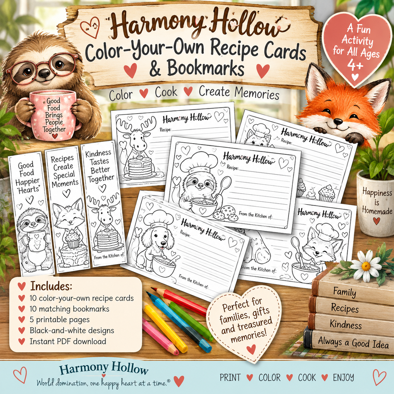 Harmony Hollow color-your-own recipe cards and matching printable bookmarks for ages 4+
