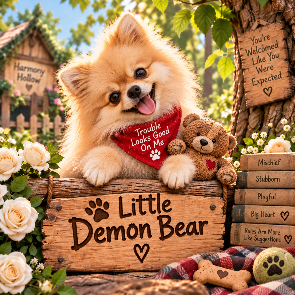 Little Demon Bear, a playful cream-colored Pomeranian in Harmony Hollow with his head tilted and a red bandana.
