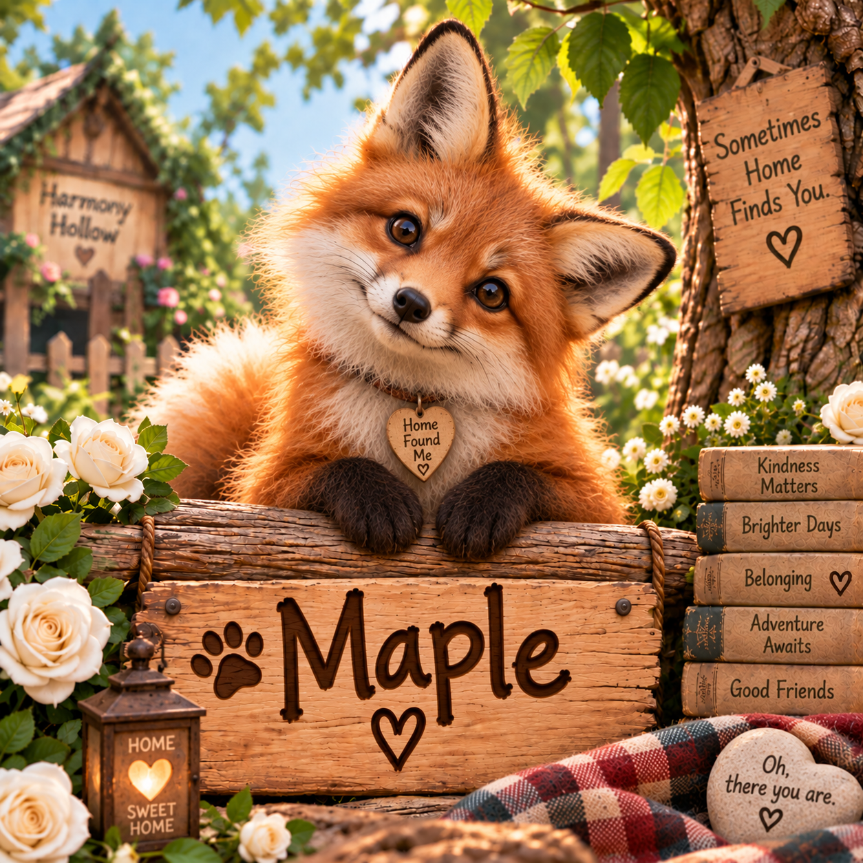Maple, a warm red fox in Harmony Hollow surrounded by white roses and welcoming signs about home and belonging.