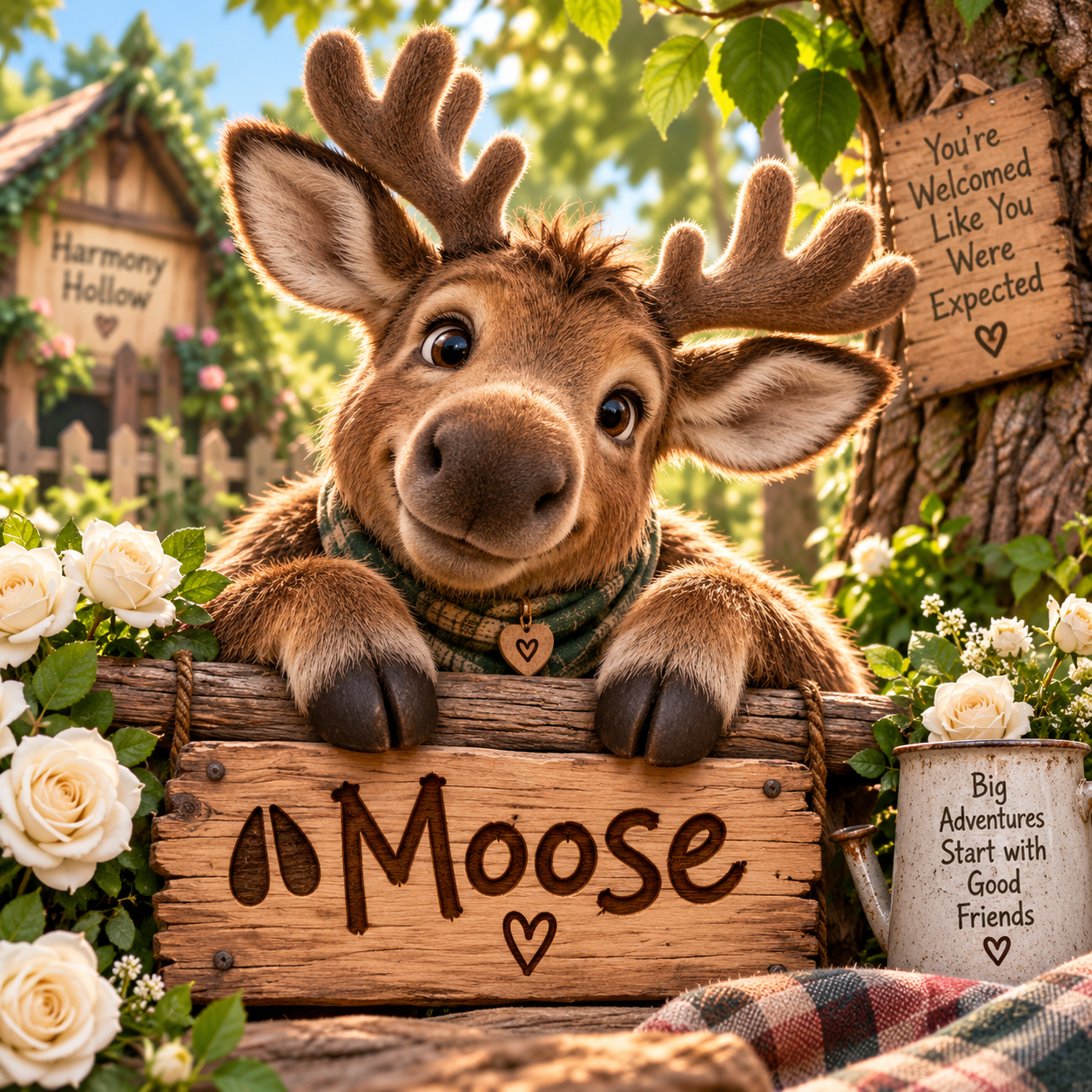The Moose, a young moose from Harmony Hollow, surrounded by white roses