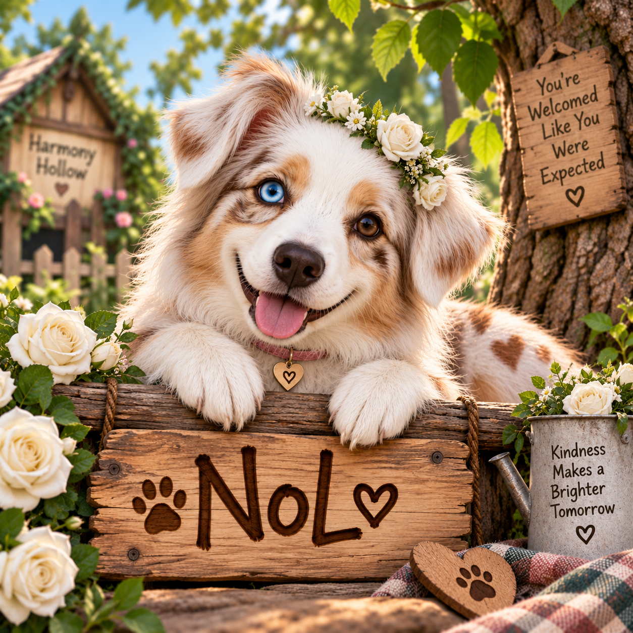NoL, the red merle Australian Shepherd from Harmony Hollow, surrounded by white roses