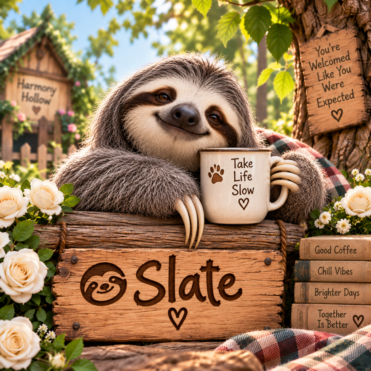 Slate, a gray sloth relaxing with a mug in the Harmony Hollow garden