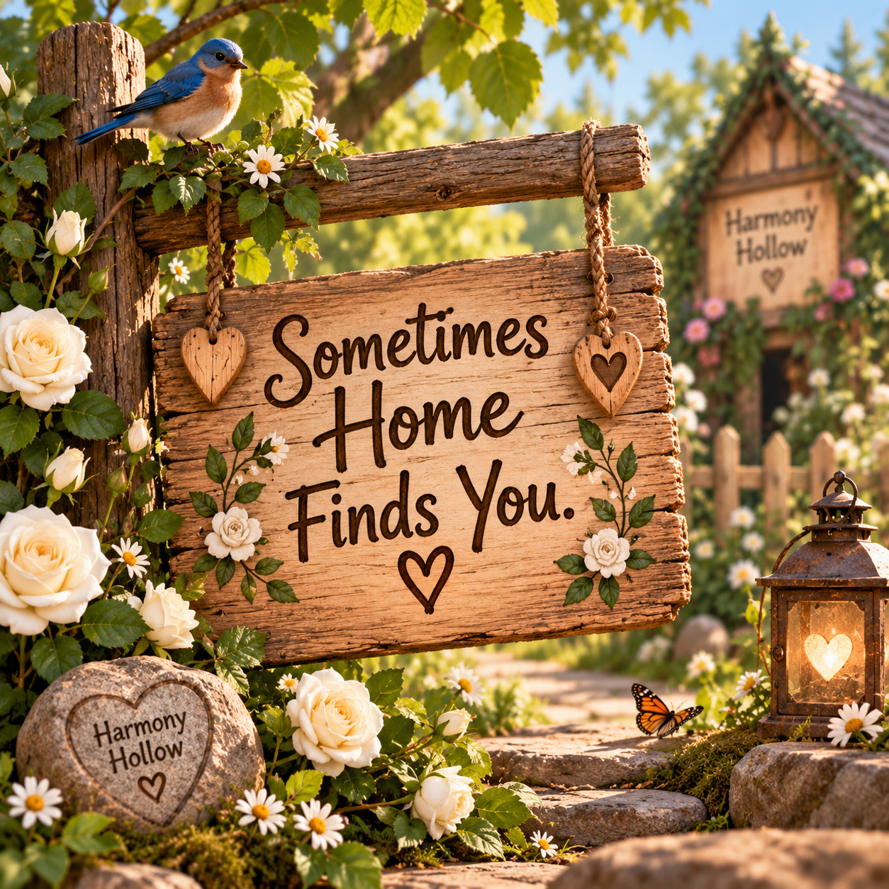 Alt text: Rustic Harmony Hollow sign surrounded by white roses reading Sometimes Home Finds You.