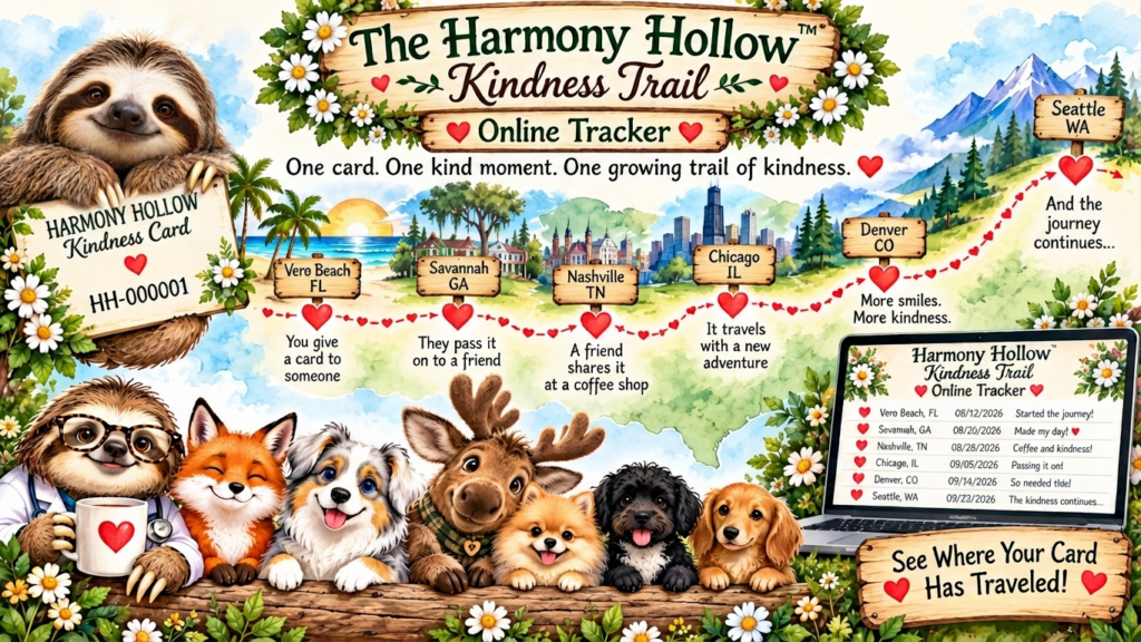 Harmony Hollow Kindness Trail showing a kindness card traveling from person to person across the United States and being tracked online.