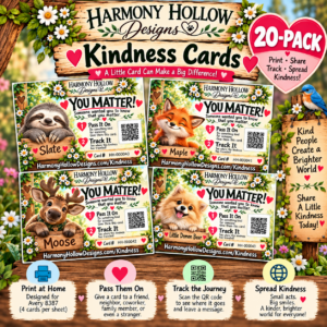 Harmony Hollow Kindness Cards 20-Pack featuring Slate, Maple, Moose, and Little Demon Bear with printable, shareable, trackable kindness cards