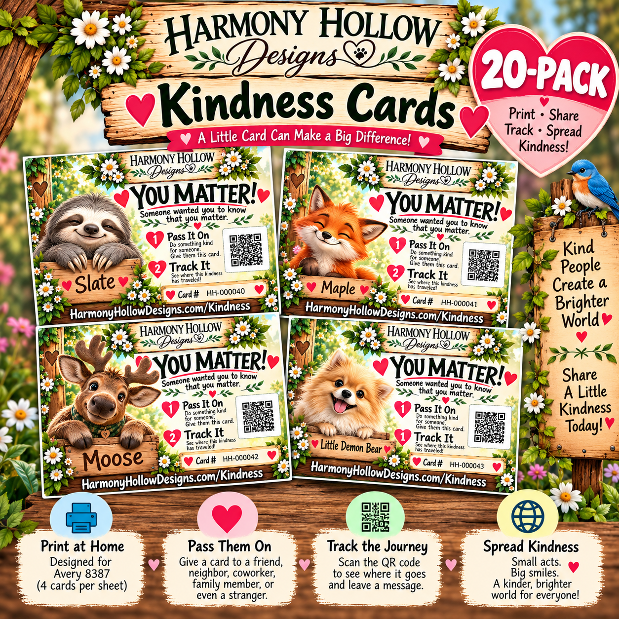 Harmony Hollow Kindness Cards 20-Pack featuring Slate, Maple, Moose, and Little Demon Bear with printable, shareable, trackable kindness cards