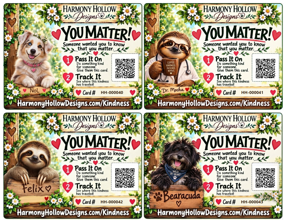 Four Harmony Hollow Kindness Cards featuring characters and encouraging messages to share and track acts of kindness
